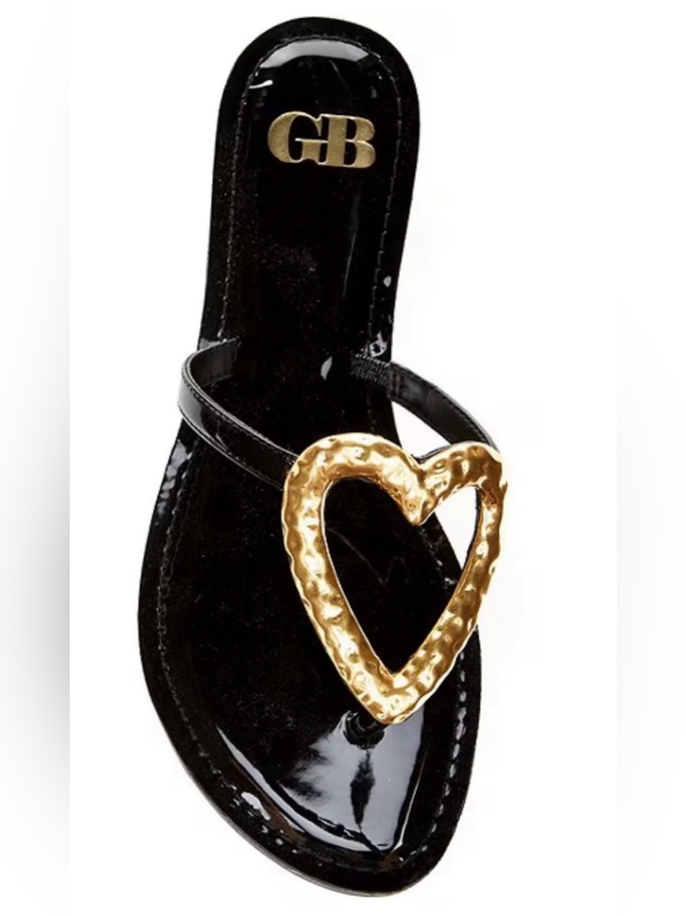 New Gianni Bini Black Patent Thong Sandal with Gold Heart Detail